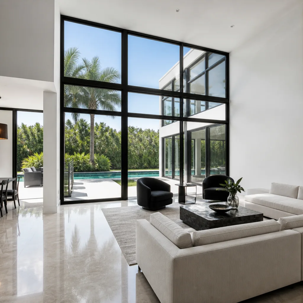 Modern living room featuring floor-to-ceiling custom geometric black-framed windows in Fort Lauderdale, FL