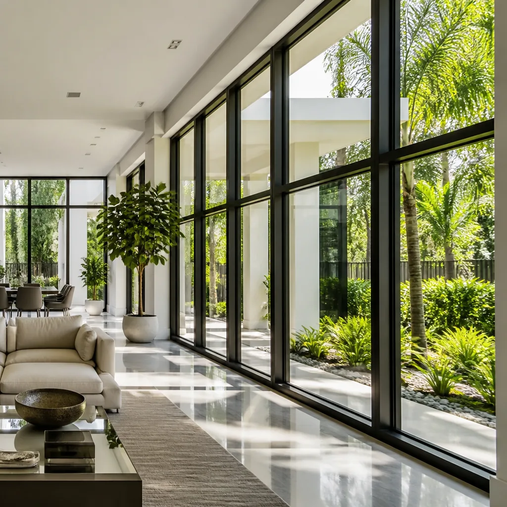 Modern luxury home exterior with custom geometric floor-to-ceiling glass windows in Fort Lauderdale, FL