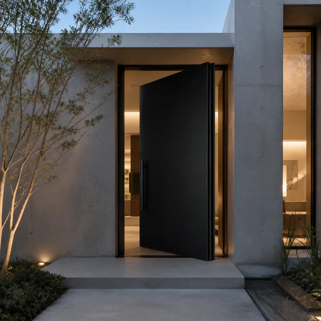 Modern black pivot entry door installed in a contemporary home entrance in Fort Lauderdale, FL