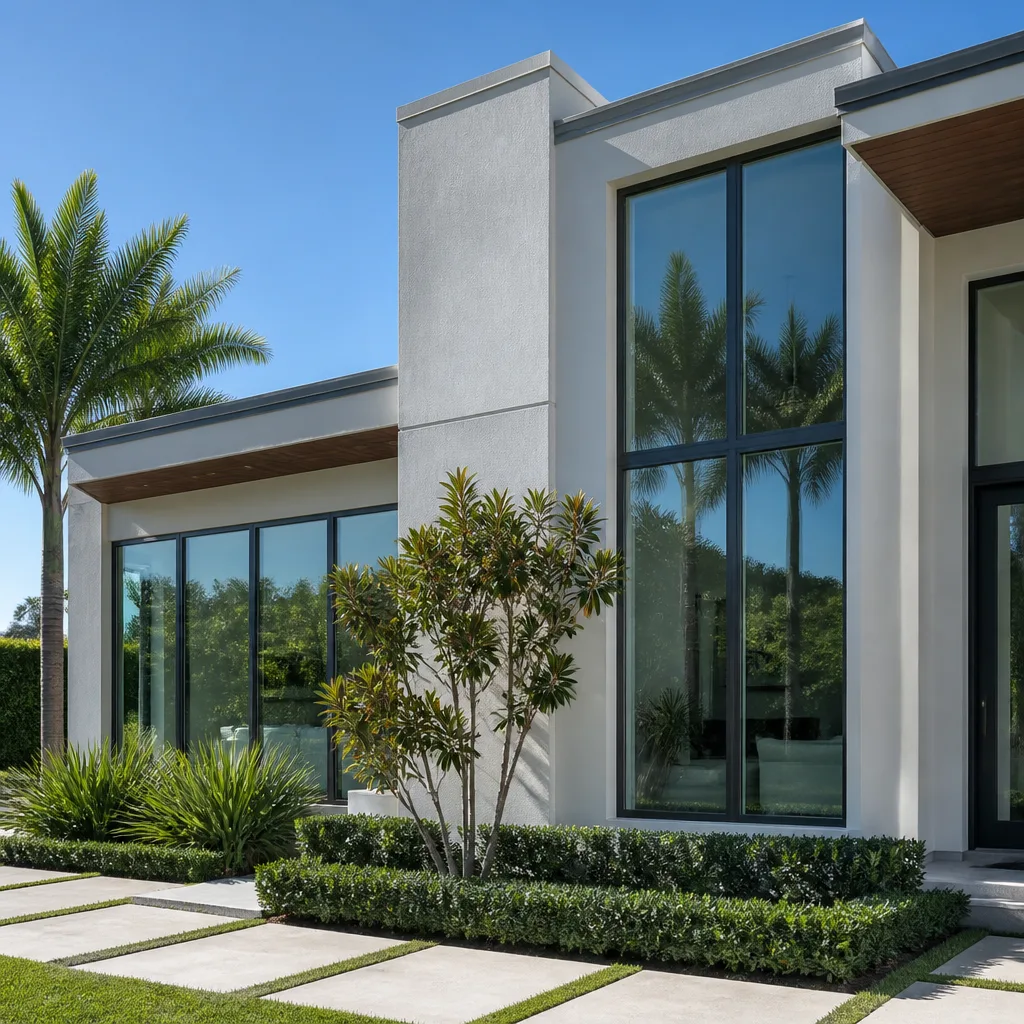 Modern living room featuring floor-to-ceiling high-performance impact windows overlooking a garden