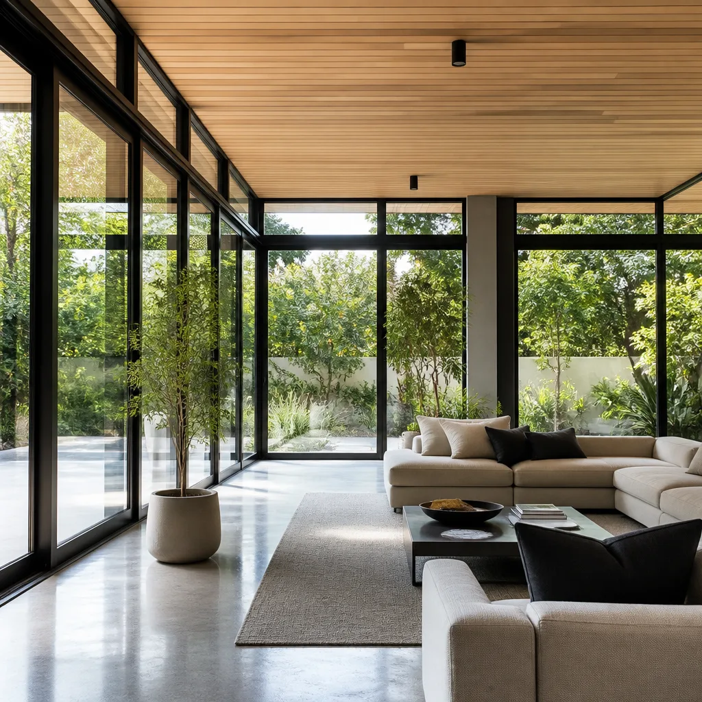 Modern dark-framed sliding glass patio door connecting indoor and outdoor spaces in Fort Lauderdale, FL