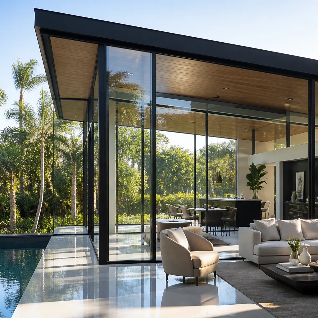 Modern black-framed sliding glass door exterior installation detail in Fort Lauderdale, FL