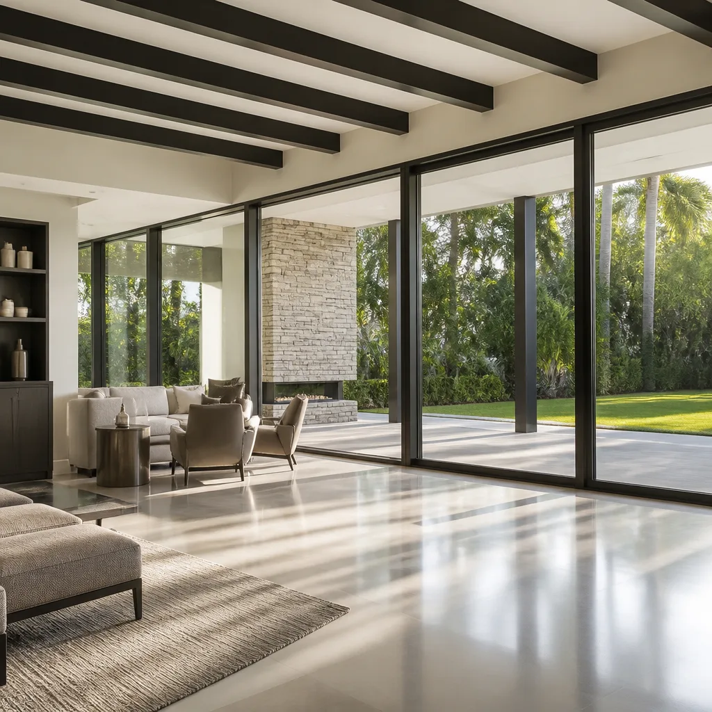 Modern black frame sliding glass door with blurred kitchen background in Fort Lauderdale, FL