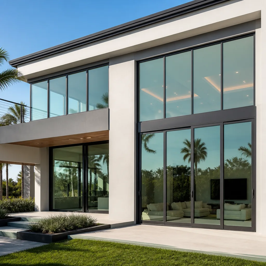 Modern luxury home with large sliding glass patio doors and windows. in Fort Lauderdale, FL